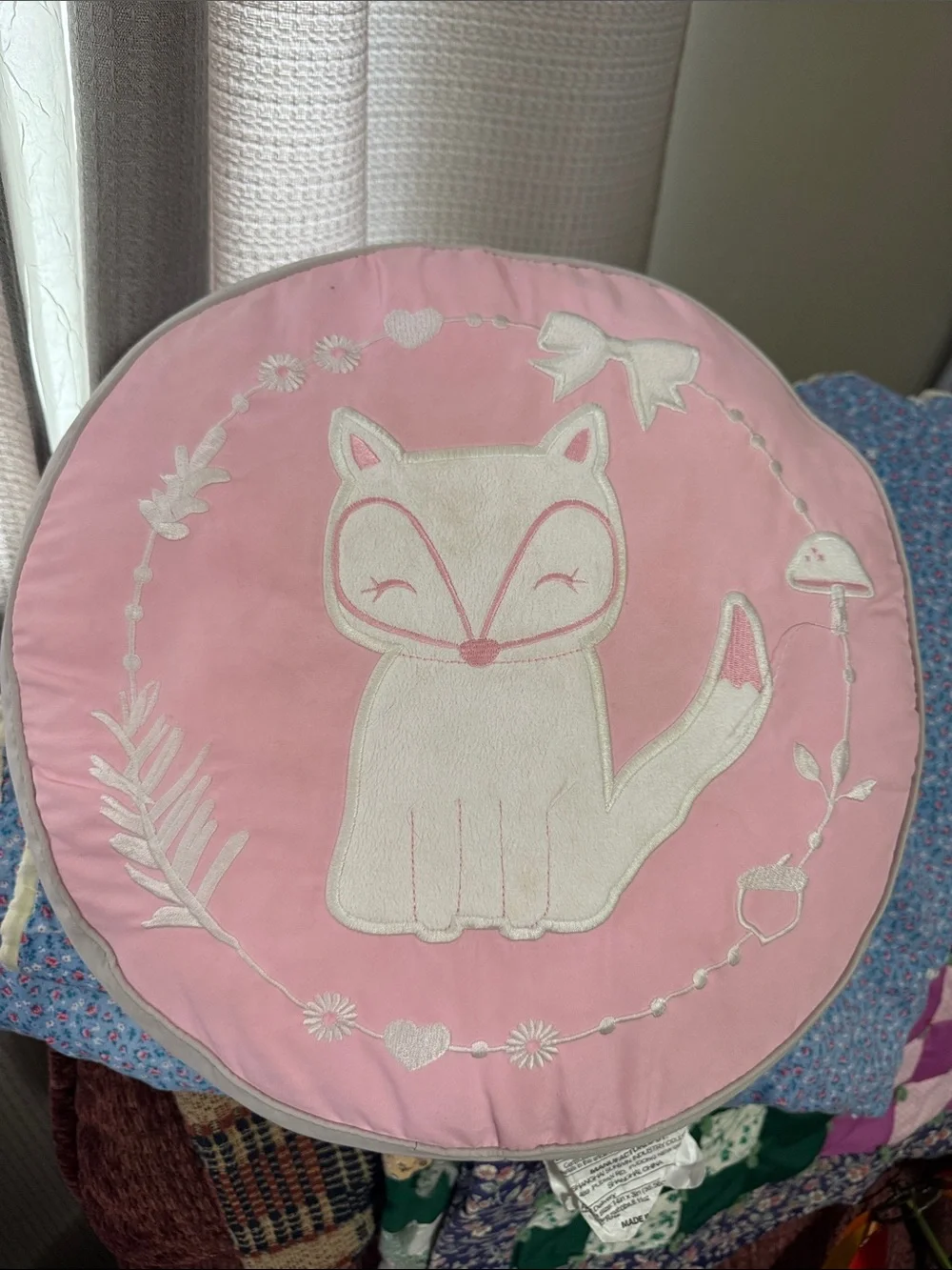 Pink Fox Embroidered Round Pillow